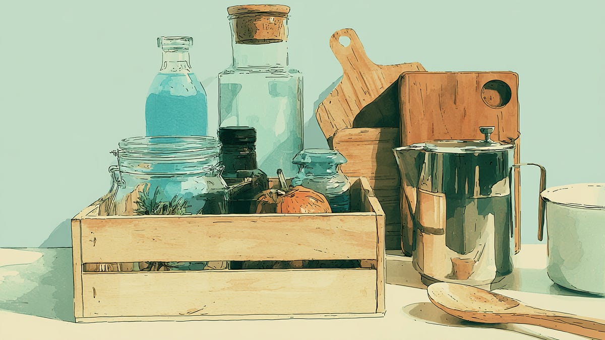 Countertop with household goods and Good Default supplies